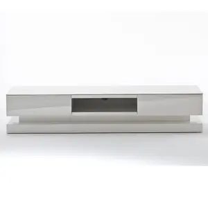 Step TV Stand With Storage for Living Room and Bedroom, 1800 Wide, LED Lighting, Media Storage, White High Gloss Finish