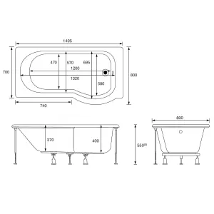 Cooke & Lewis Adelphi White Curved Acrylic P-shaped Right-handed Shower Bath (L)1495mm (W)800mm