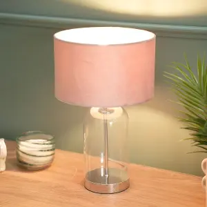 ValueLights Jessy Glass and Silver Chrome Metal Bedside Table Lamp with a Blush Pink Velvet Lampshade