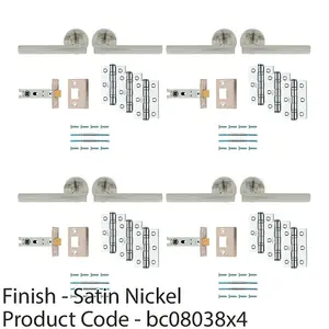 4 PACK - Premium Door Handle & Latch Pack Set- Satin Nickel Straight Bar Lever Round Rose