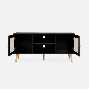 sweeek. 120cm TV stand with wooden and cane effect Boheme Black 120x39x56.5 cm