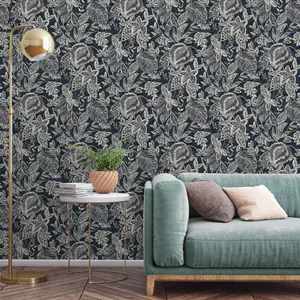 Grandeco Mae Painted Jungle Leaves Linen Textured Wallpaper, Navy Blue