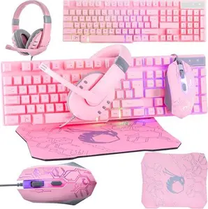 Pink Gaming Keyboard And Mouse Headset Headphones And Mouse Pad Wired LED RGB Backlight Bundle Pink PC Accessories For Gamers And Xbox And PS4 PS5