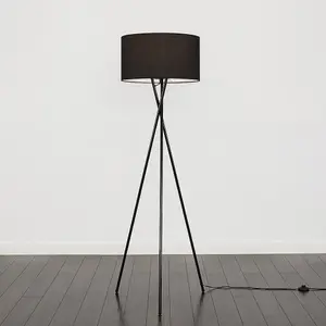 ValueLights Camden Modern Gloss Black Metal Tripod Floor Lamp with Black Cylinder Shade - Includes 6w LED Bulb 3000K Warm White