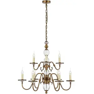 Flemish Ceiling Pendant Chandelier Antique Brass & Crystal Curved 9 Lamp Light