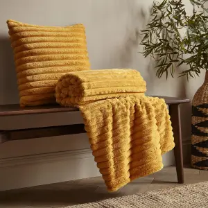 Catherine Lansfield Cosy Ribbed Faux Fur Blanket Throw Mustard