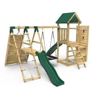 Rebo Wooden Climbing Frame with Vertical Rock Wall, Swing Set and Slide - Crestone+