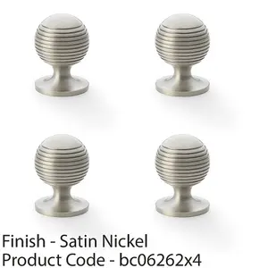 4 PACK - Reeded Ball Door Knob - 32mm Diameter Satin Nickel Lined Cupboard Pull Handle