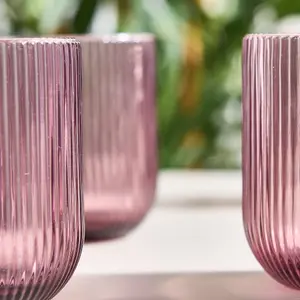 Set of 12 Vintage Luxury Pink Ribbed Short Drinking Glass Whisky Glass Tumbers 270ml