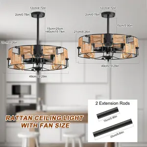 49cm Black Farmhouse Caged Chandelier Ceiling Fan with Light Kit and Remote