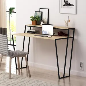 FWStyle Home Office Modern Student Study Desk Natural Oak Black Metal Frame