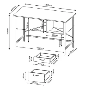 Home office 2 drawer desk, oak effect with metal legs