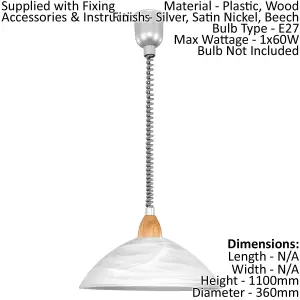 Pendant Ceiling Light Silver Satin Nickel Beech Shade White Glass Alabaster E27 1x60W