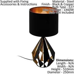 2 PACK Table Lamp Desk Light Black Shade & Copper Geometric 1x 60W E27