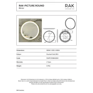 RAK Picture Round 800x800mm Brushed Gold Round Touch Sensor Illuminated Mirror IP44