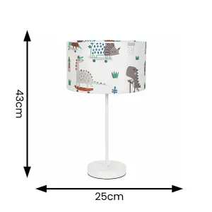 ValueLights Charles White Metal Single Stem Table Lamp with Cartoon Dino Lamp Shade and LED Bulb