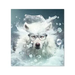 White Wolf With Glasses Splashart Premium Glass Kitchen Splashback W700mm x H650mm