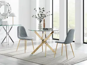 Furniturebox UK Novara 100cm Round Gold Leg Dining Table & 2 New Grey Corona Gold Chairs