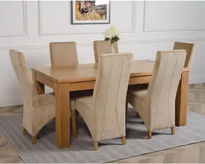 Dakota 182 x 92 cm Chunky Oak Large Dining Table and 6 Chairs Dining Set with Lola Beige Fabric Chairs