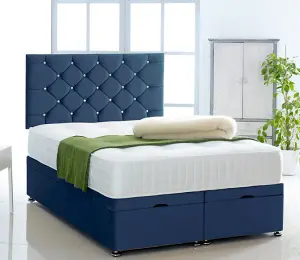 Blue Plush Foot Lift Ottoman Bed With Memory Spring Mattress And Studded Headboard 2FT6 Small Single