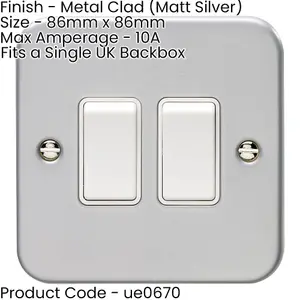 2 Gang Double Light Switch 2 Way 10A HEAVY DUTY METAL CLAD - White Trim & Rocker