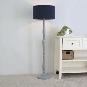 ValueLights Victoria Traditional Grey Wood Candlestick Floor Lamp with Navy Blue Drum Shade