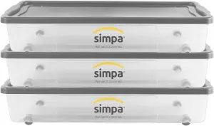 simpa 47L Wheeled Plastic Storage Boxes Silver Lids - Set of 3