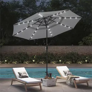 2.89M Tiltable Garden Parasol Outdoor Sun Shade Umbrella with Solar LED Lights Crank Tilt No Base, Light Grey