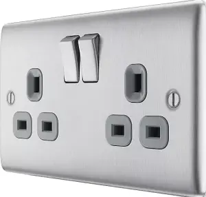 BG Nexus NBS22G 13A Switched Double Plug Socket 2 Gang  Decorative Metal Power Outlet with Brushed Steel Finish - Pack of 5