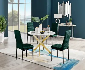 Furniturebox UK Novara White Marble Gold Leg Round Dining Table & 4 Green Velvet Milan Black Leg Chairs