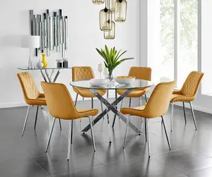 Furniturebox UK Novara 120cm Round Dining Table and 6 Mustard Pesaro Silver Leg Chairs