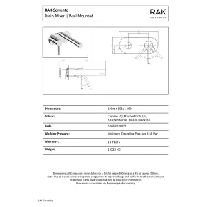 RAK Sorrento Matt Black Modern Basin Wall Mounted Sink Mixer Tap Solid Brass