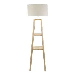 ValueLights Wakefield Two Shelf Wooden Floor Lamp with Linen White Trim Drum Shade and Bulb