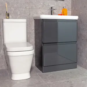 Marvel 600mm Floor Standing Bathroom Vanity Unit in Dark Grey Gloss with Round Resin Basin