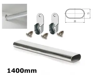 Wardrobe Rail Oval Chrome Hanging Rail Free End Supports & Screws - Length 1400mm