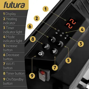 Futura Electric 2000W WIFI Glass Radiator Panel Heater Black Wall Mounted or Floor Standing Bathroom Safe, Timer and Thermostat