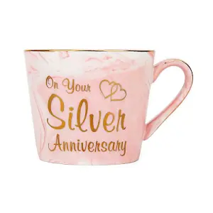 Beautiful 25th Anniversary Grey and Pink Marble Ceramic Mugs with Golden Trim