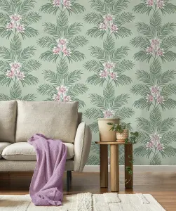 Fine Decor Bali Tropical Floral Sage Wallpaper FD43278