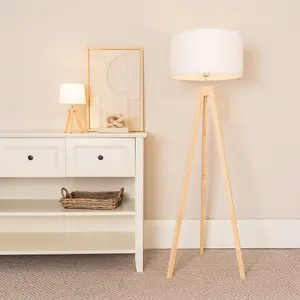 ValueLights Jackson Natural Wood Tripod Floor Lamp with White Fabric Lamp Shade