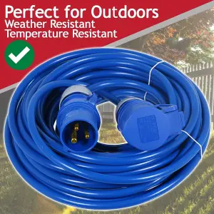 SPARES2GO 16A Extension Lead 14m Heavy Duty 240V 2.5mm Blue Power Cable + 2 x 16 Amp Splitter Kit