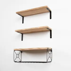 Floating Shelf Wall Mounted 3 Wood Shelves With Metal Basket