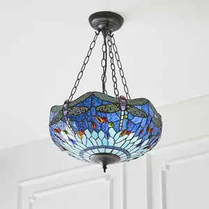 Tiffany Glass Hanging Ceiling Pendant Light Blue Dragonfly 3 Lamp Shade i00108