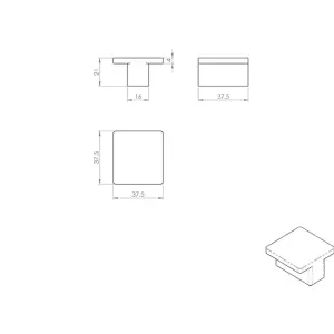 Square T Shape Cupboard Door Knob 38 x 38mm Satin Nickel Cabinet Handle