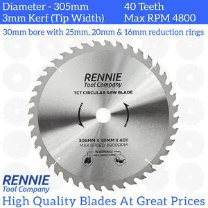 305mm x 40T TCT Circular Wood Saw Blade. Fits Bosch Makita Dewalt Circular Saws Etc