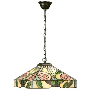 Tiffany Glass Hanging Ceiling Pendant Light Bronze & Square Rose Shade i00156