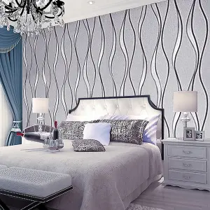 Light Grey Non Woven Patterned Wallpaper, Wavy Striped Wallpaper Roll 5m² Coverage, 950cm L x 53cm W