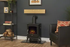 Adam Oak Beam, Hearth & Stove Pipe with Aviemore Stove in Black