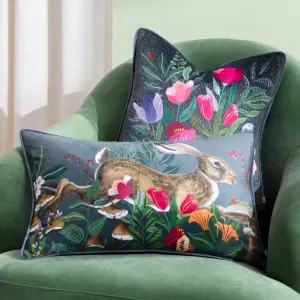 Wylder Wild Garden Leaping Hare Velvet Piped Polyester Filled Cushion