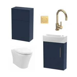 Power Cloakroom Bundle - Left Wall Hung Vanity Unit, Concealed Cistern WC Unit, Toilet & Tap, 440mm - Blue/Brass - Balterley