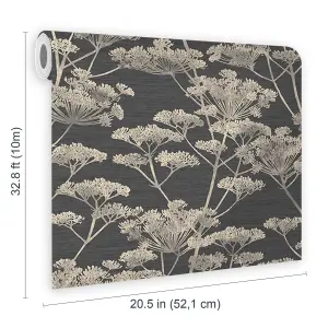 Boutique Serene Seed-Head Black & Gold Floral Wallpaper